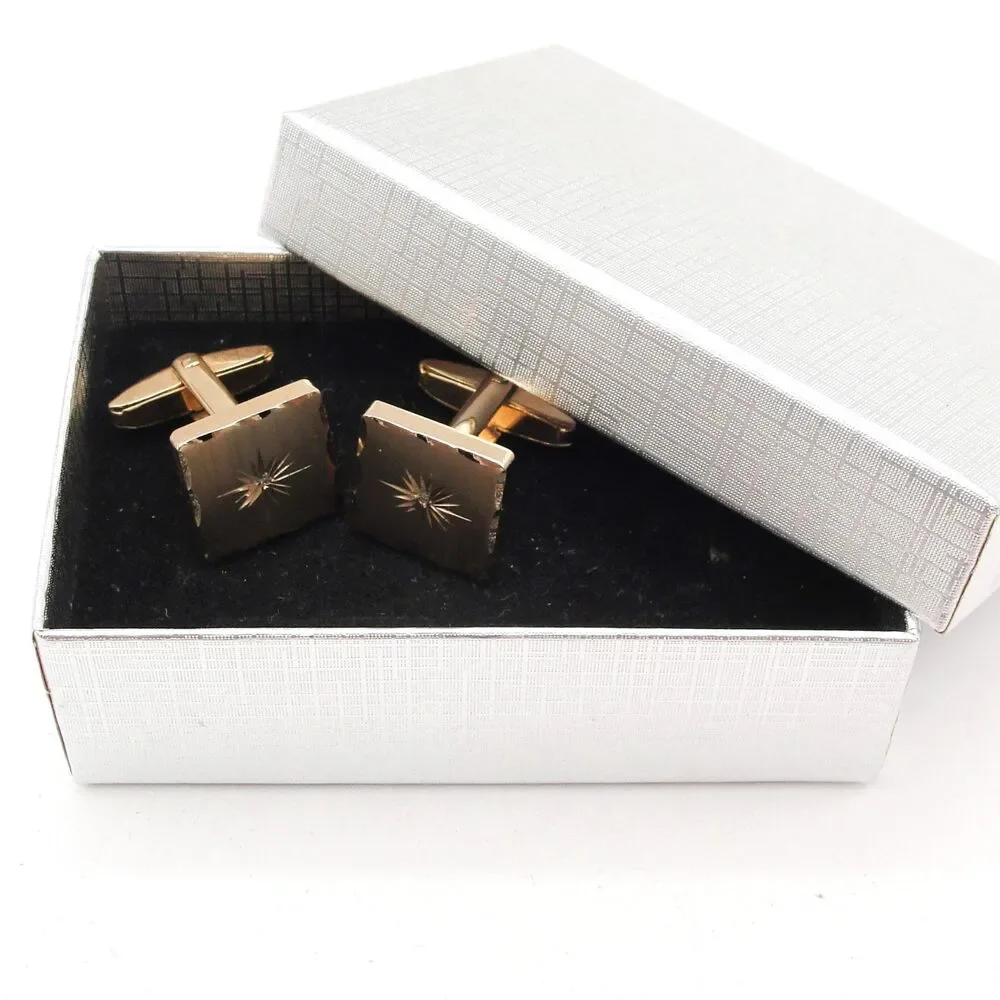 Vintage MCM Gold Tone Square Cufflinks Starburst Etched Clear Rhinestone Atomic